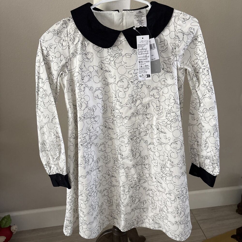 Disney Minnie Mouse Girls Dress Size 9/10 Peter Pan Collar  Black White New